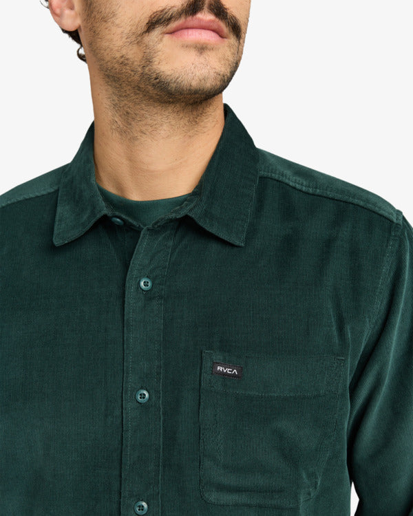 Load image into Gallery viewer, RVCA Men&#39;s Freeman Cord Long Sleeve Shirt Hunter Green EVYWT03001-DGN
