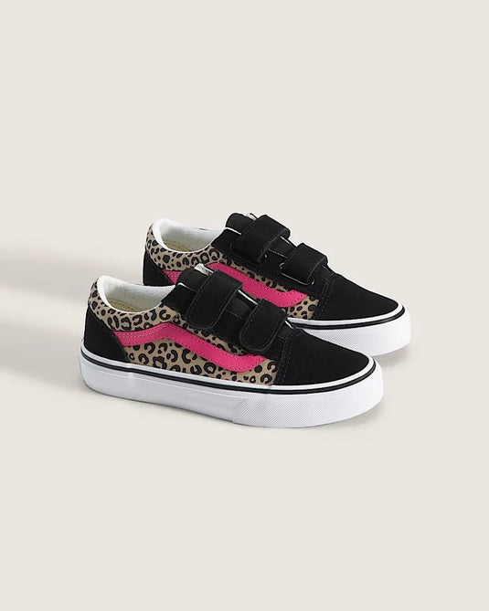 Vans Kid's Old Skool V Shoes Leopard Pop Pink Velvet/Black VN000CYAH85