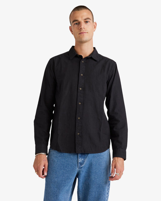RVCA Men's Base Linen Long Sleeves Shirt Black UVYWT00208-BLK