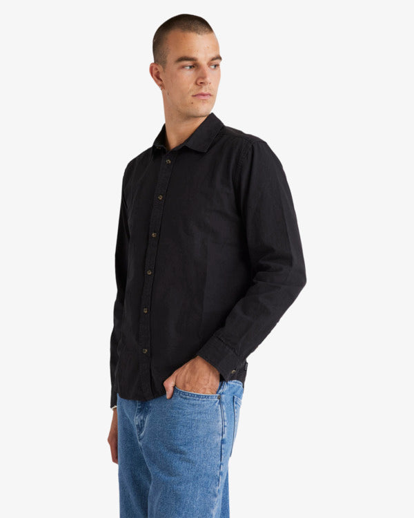Load image into Gallery viewer, RVCA Men&#39;s Base Linen Long Sleeves Shirt Black UVYWT00208-BLK
