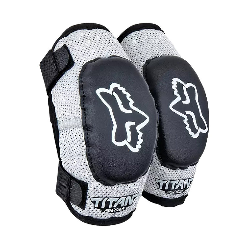 Load image into Gallery viewer, Fox PeeWee Titan Youth Elbow Guards (4-9 Years) Black Silver 08039-464
